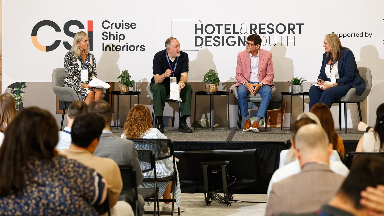 Panel discussion at Hotel & Resort Design South 2026 event with four speakers on stage.