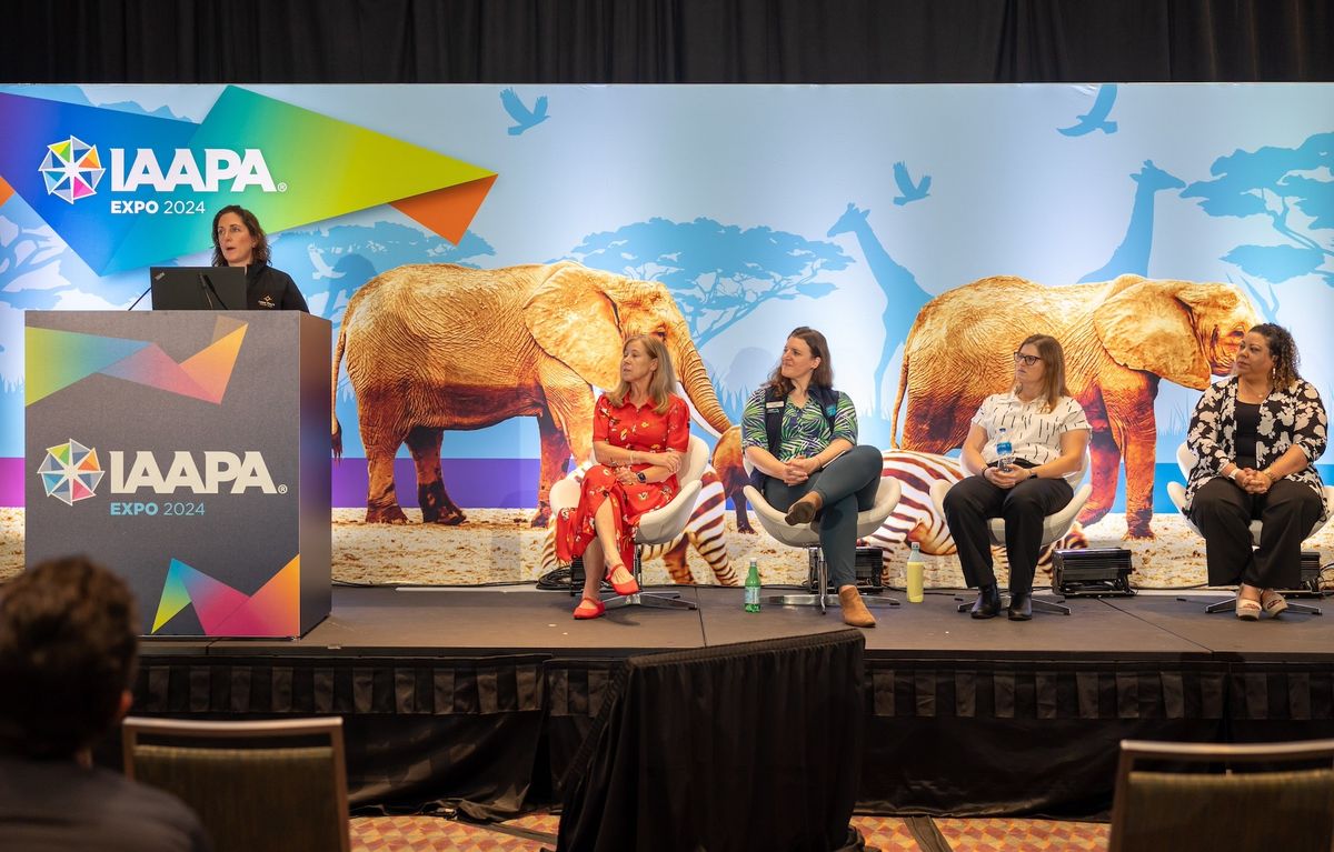 Panelists at IAAPA Expo 2024 with a safari-themed backdrop.