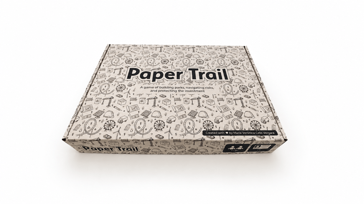 "Paper Trail board game box with illustrated pattern and logo on the lid."
