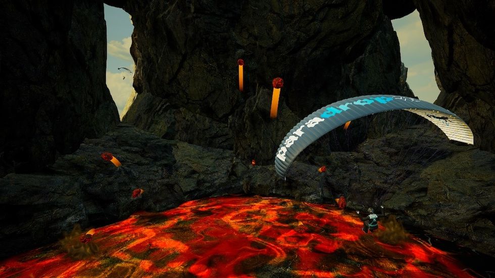Paraglider flies over molten lava on ParadropVR between rocky cliffs, with glowing pillars nearby.