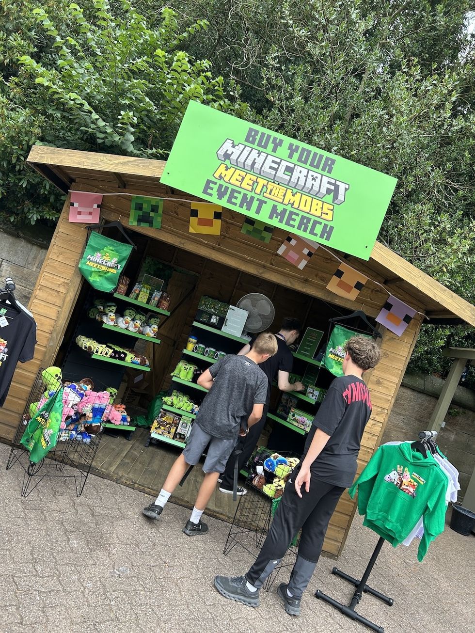 People browsing a Minecraft-themed merchandise stall outdoors.