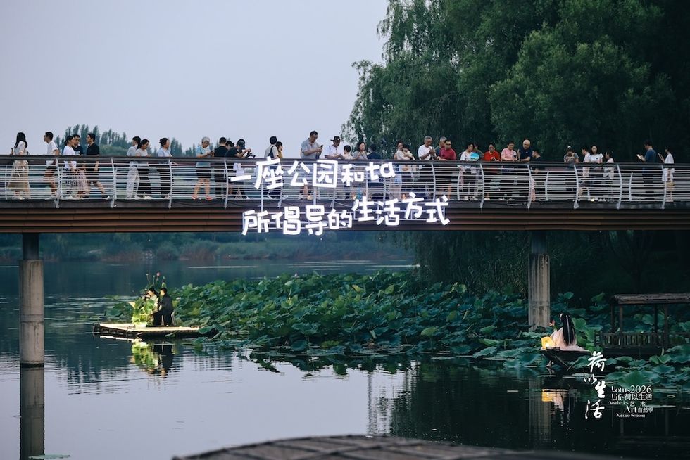 People crossing a bridge over a lily pond with a glowing Chinese sign.