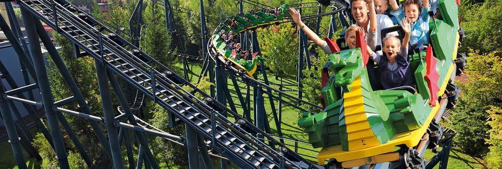People enjoy a thrilling ride on a dragon-themed roller coaster in a green park.