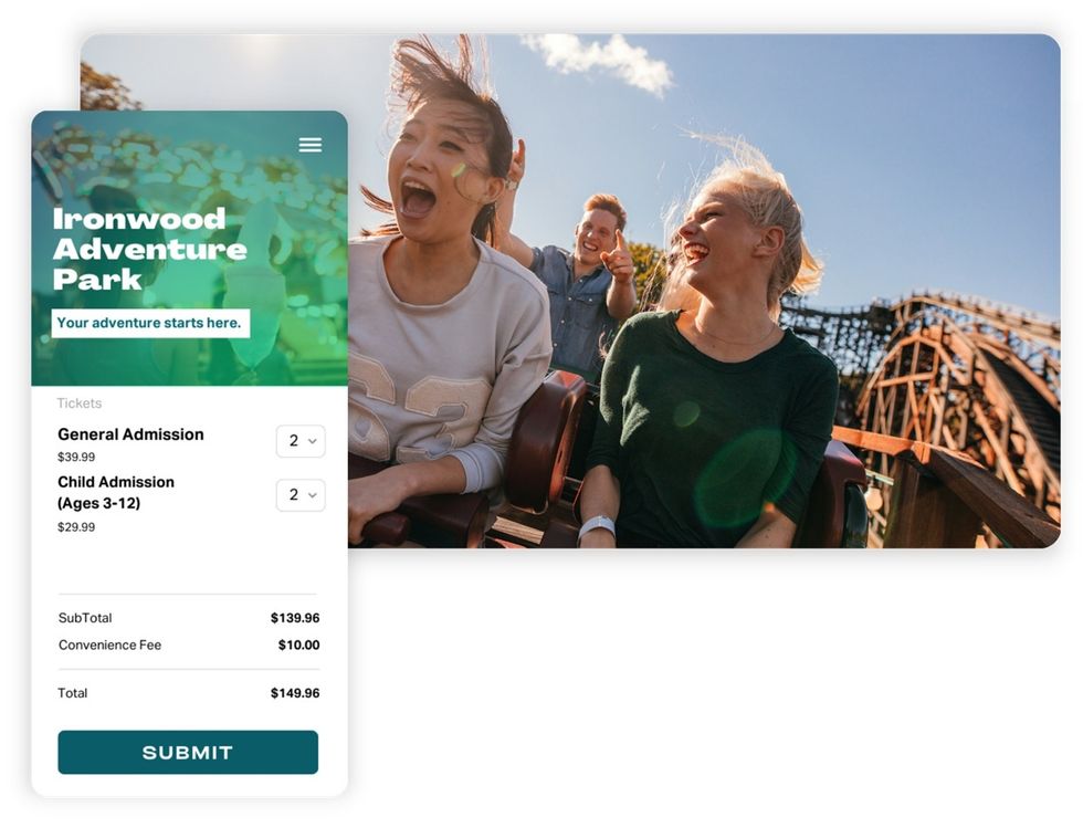 People enjoying a roller coaster at Ironwood Adventure Park, with a TicketSpice ticket booking screen on a mobile device.