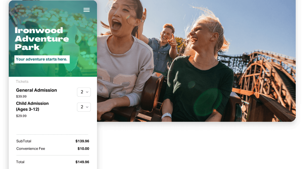 People enjoying a roller coaster ride with Ironwood Adventure Park ticket interface.