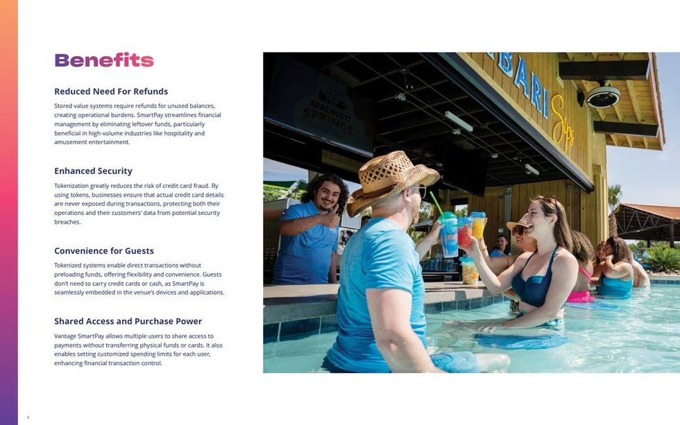 People enjoying drinks at a poolside bar; benefits text on the left.