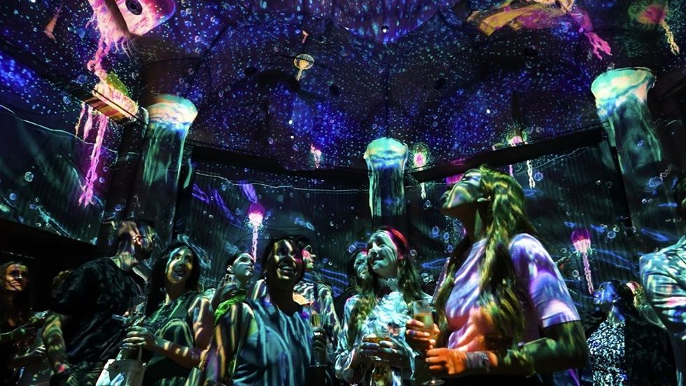 People enjoying glowing jellyfish projections in a dark immersive installation.