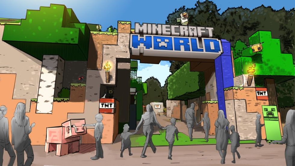 People entering a theme park entrance styled like Minecraft blocks, labeled "Minecraft World."