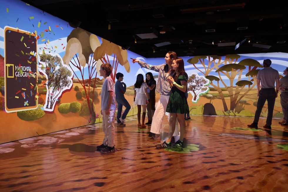 People explore a National Geographic interactive digital wall exhibit.
