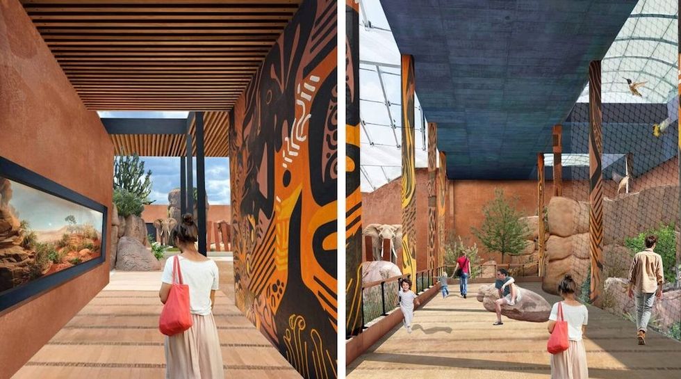 People exploring a zoo exhibit with murals and large animal enclosures.