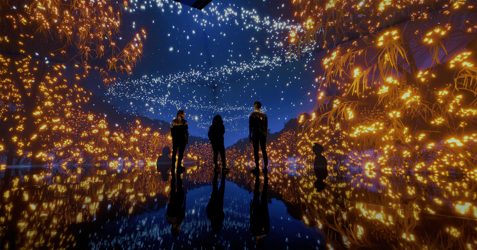 People immersed in a vivid, starry night digital art installation, TYAMA at Melbourne Museum