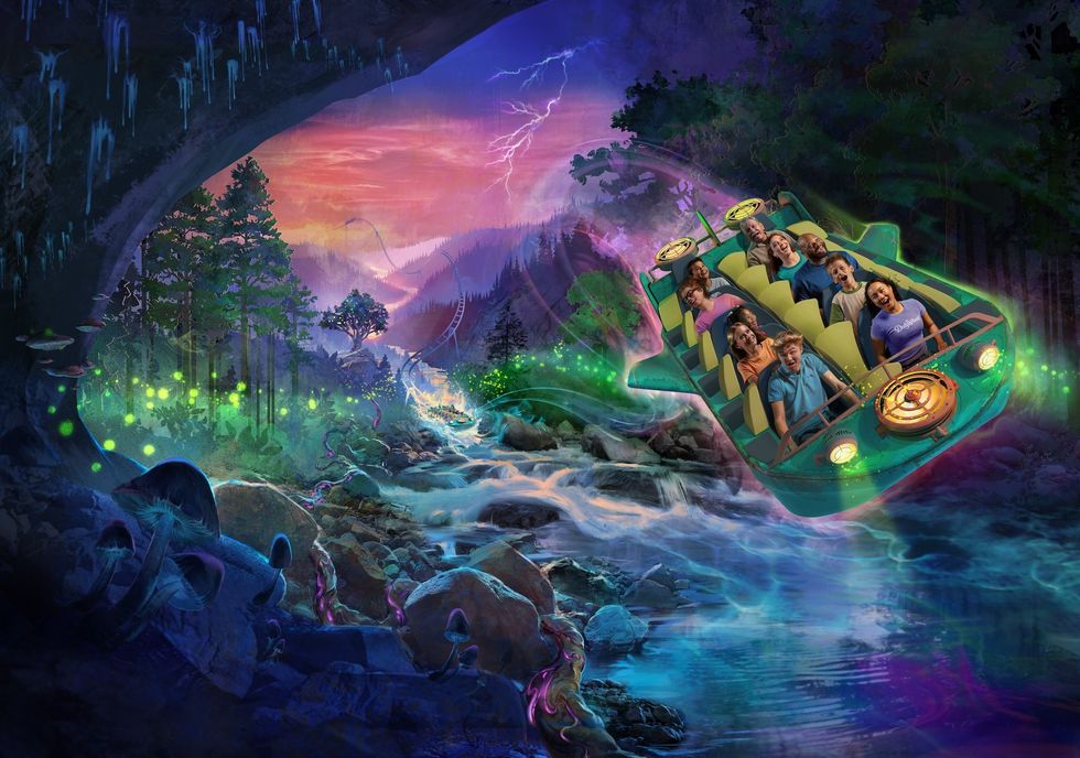 People in a floating vehicle over a colorful, magical forest with glowing lights and vivid skies.