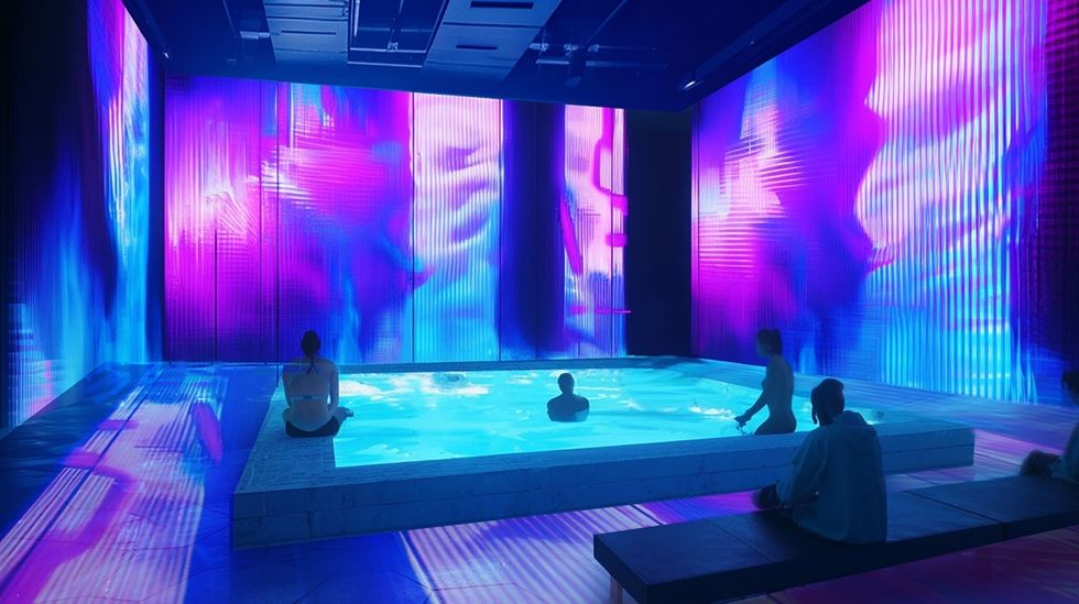 People in a futuristic spa room, surrounded by vibrant purple and blue digital screens.