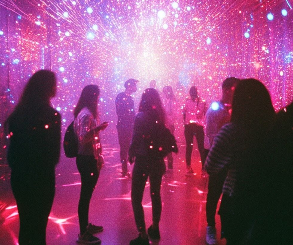 People in a room with vibrant, colorful lights creating an immersive, dreamy atmosphere.