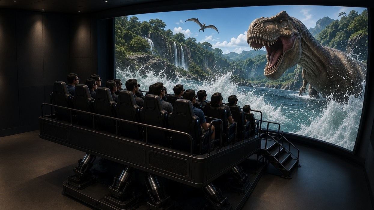 People in a simulator from LCI Productions, watching a dinosaur emerge from the water on a large screen.