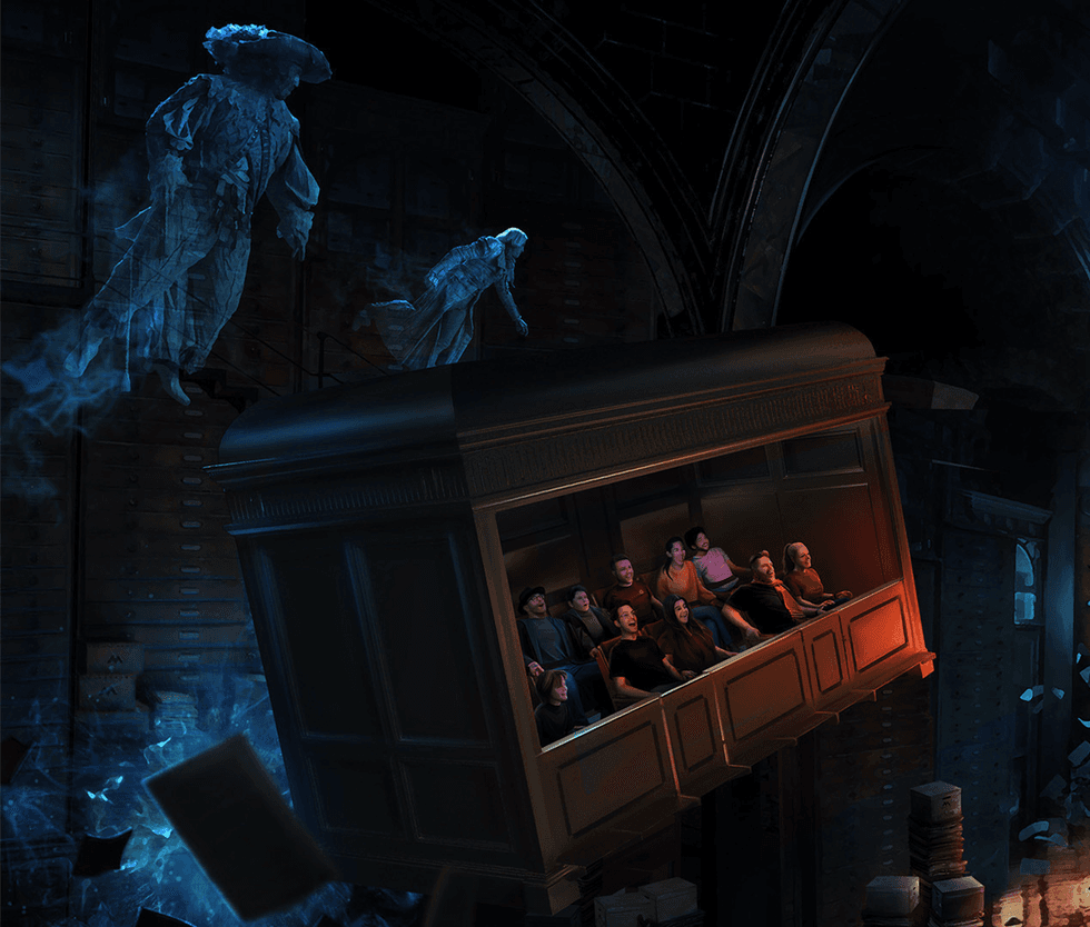 People in a tilting ride with ghostly figures in a dark, mysterious setting.