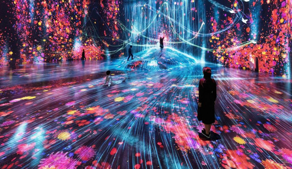 People in a vibrant digital art installation with colorful lights and flowers.