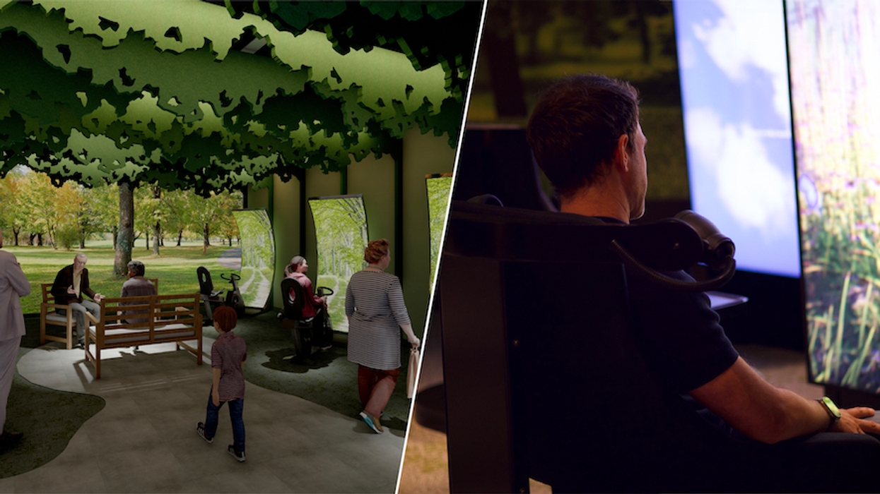 People in a virtual nature room, right side shows a man viewing a nature simulation.