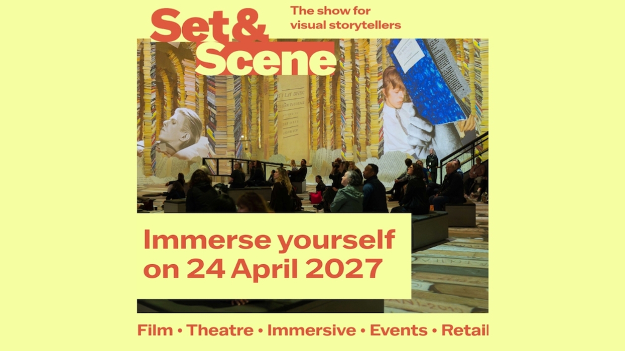 People in an immersive art exhibit with books; text: Set & Scene, 24 April 2027.