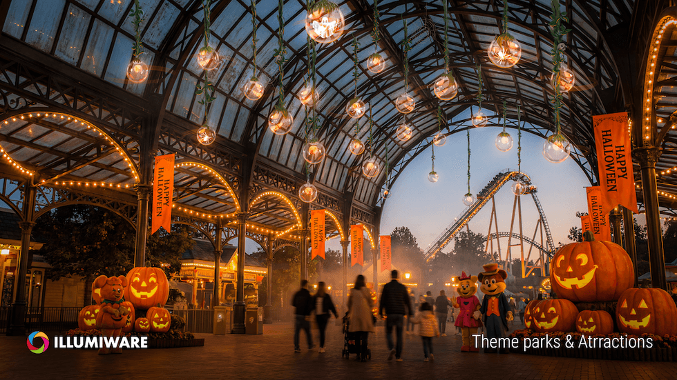 People in Halloween-themed amusement park, lit with pumpkins and festive lights.