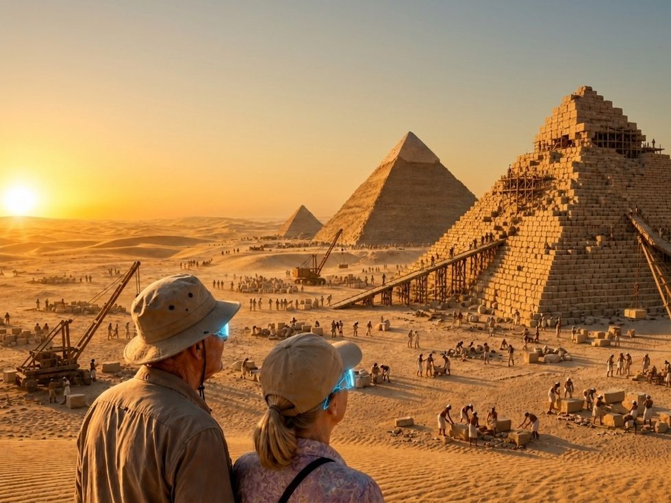 People in hats observe ancient pyramid construction at sunset.