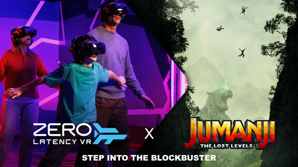 People in VR gear with "Zero Latency VR x Jumanji: The Lost Levels" text.