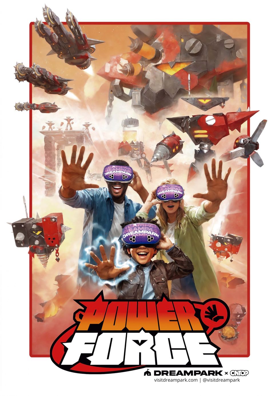 People in VR goggles surrounded by futuristic robots, with "Power Force" text below.