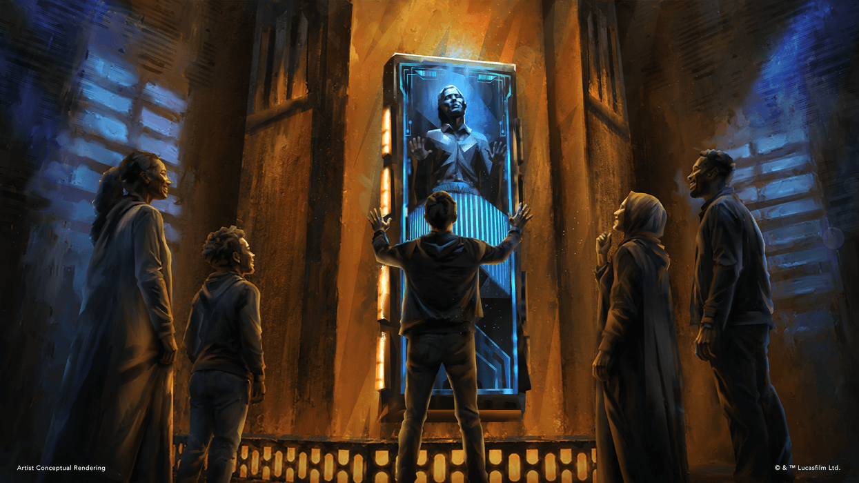 People observing a frozen Han Solo in an upright chamber with warm, glowing lights.