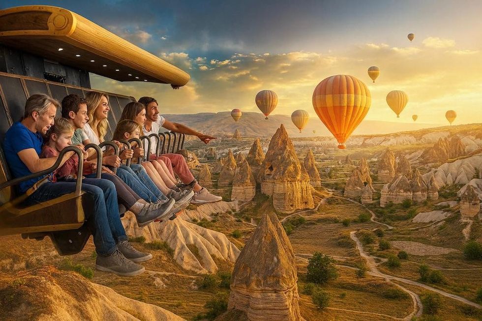 People on a DOF ride viewing hot air balloons over a rocky landscape at sunset.