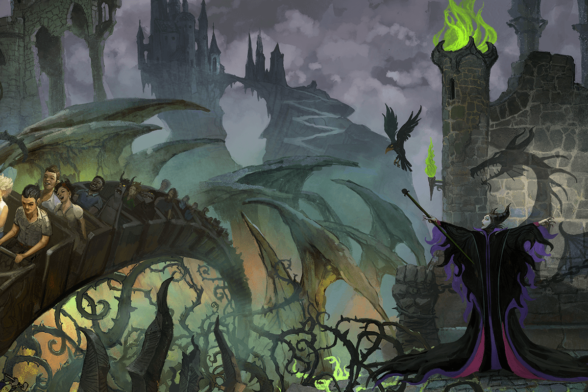 People on a dragon-themed ride see a dark sorceress with a crow and a glowing tower at Magic Kingdom