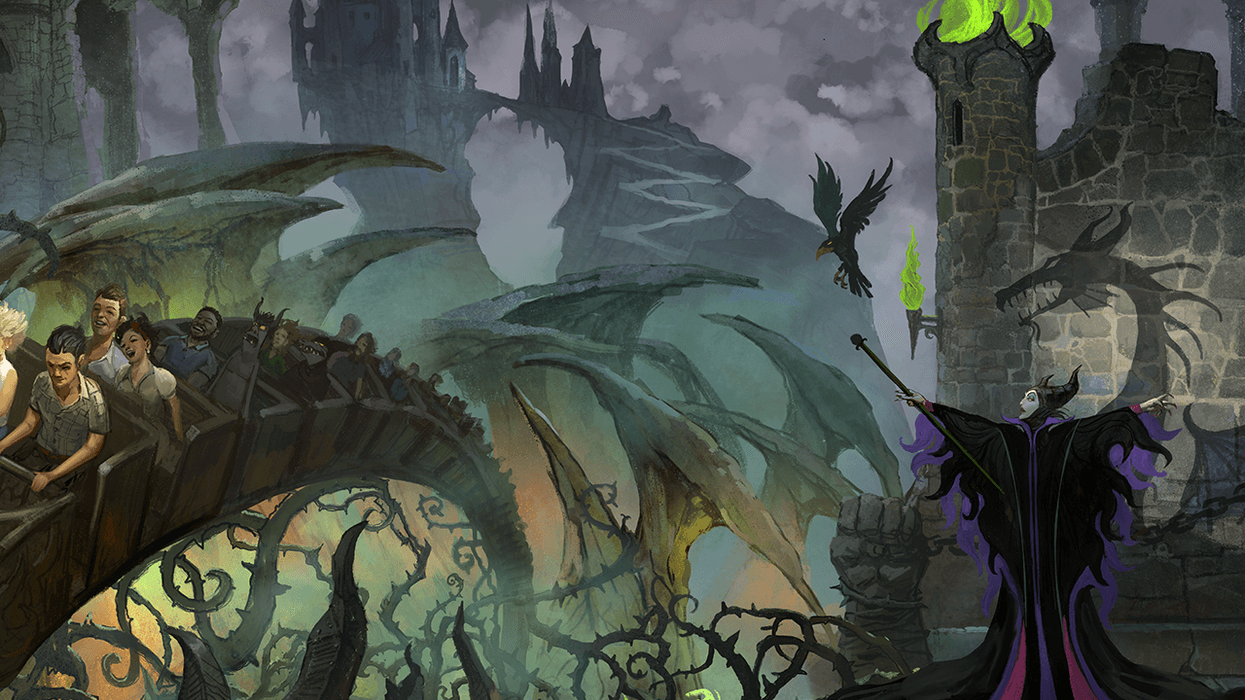 People on a dragon-themed ride see a dark sorceress with a crow and a glowing tower at Magic Kingdom