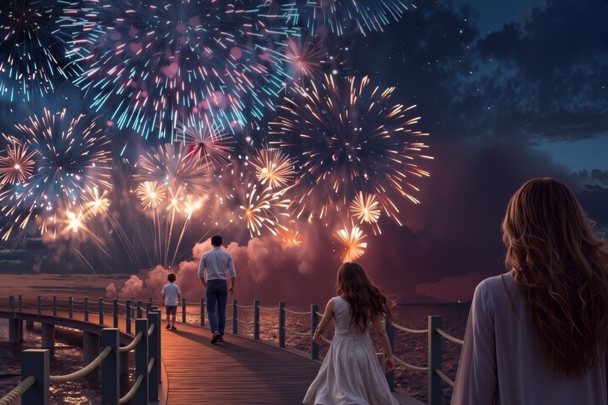 People on a pier watching colorful fireworks in a night sky on Yas Island