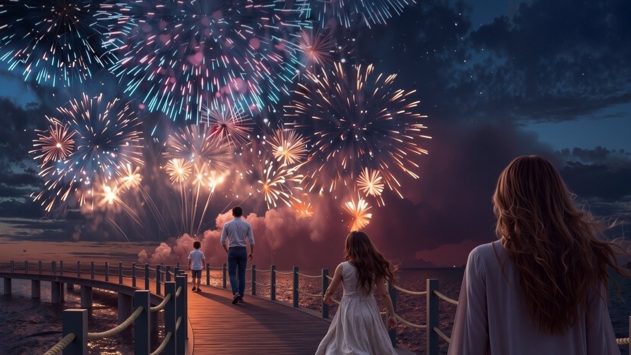 People on a pier watching colorful fireworks in a night sky on Yas Island