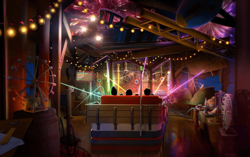 People on a ride surrounded by colorful lights and fireworks in a festive setting.
