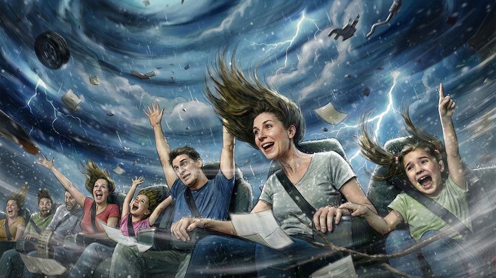 People on a thrilling storm-themed ride, Brogent R Ride motion theatre, with swirling clouds and lightning.