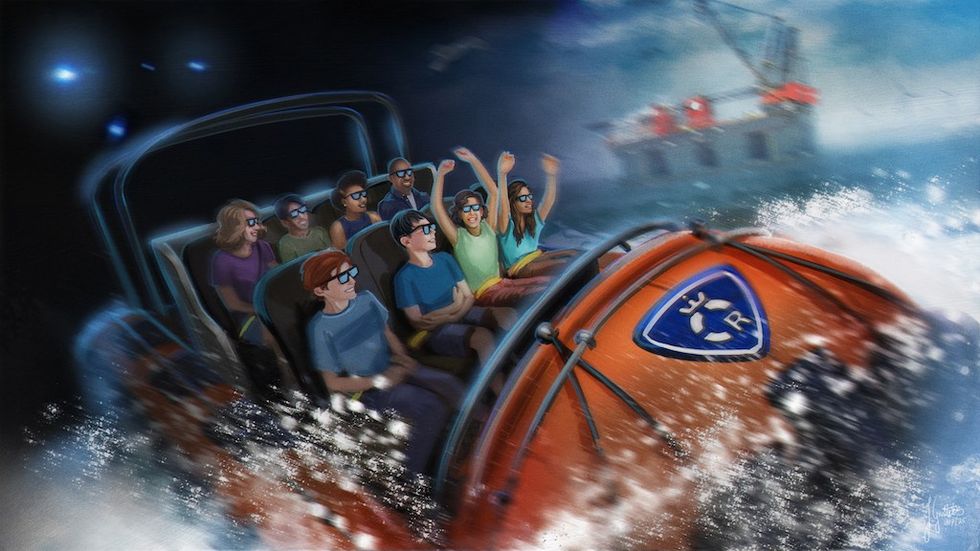 People on a water ride with 3D glasses, splashing through waves.