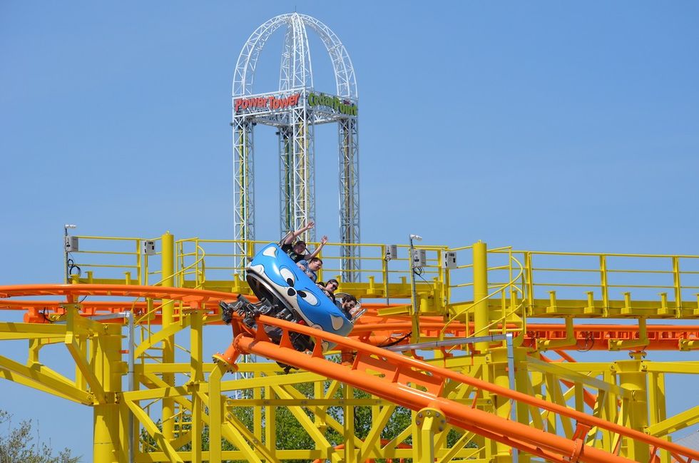 People on the Wild Mouse coaster from Zamperla at Cedar Point