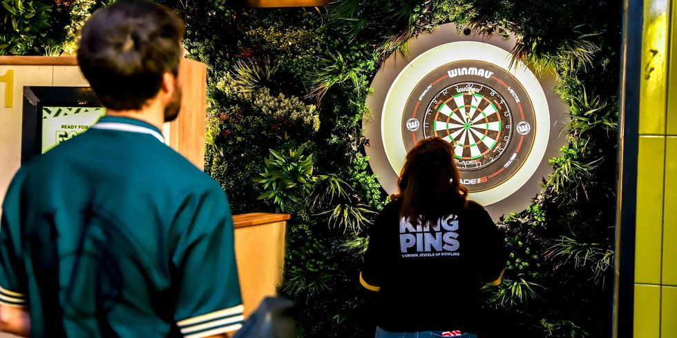 People playing darts in an indoor setting with a greenery backdrop.