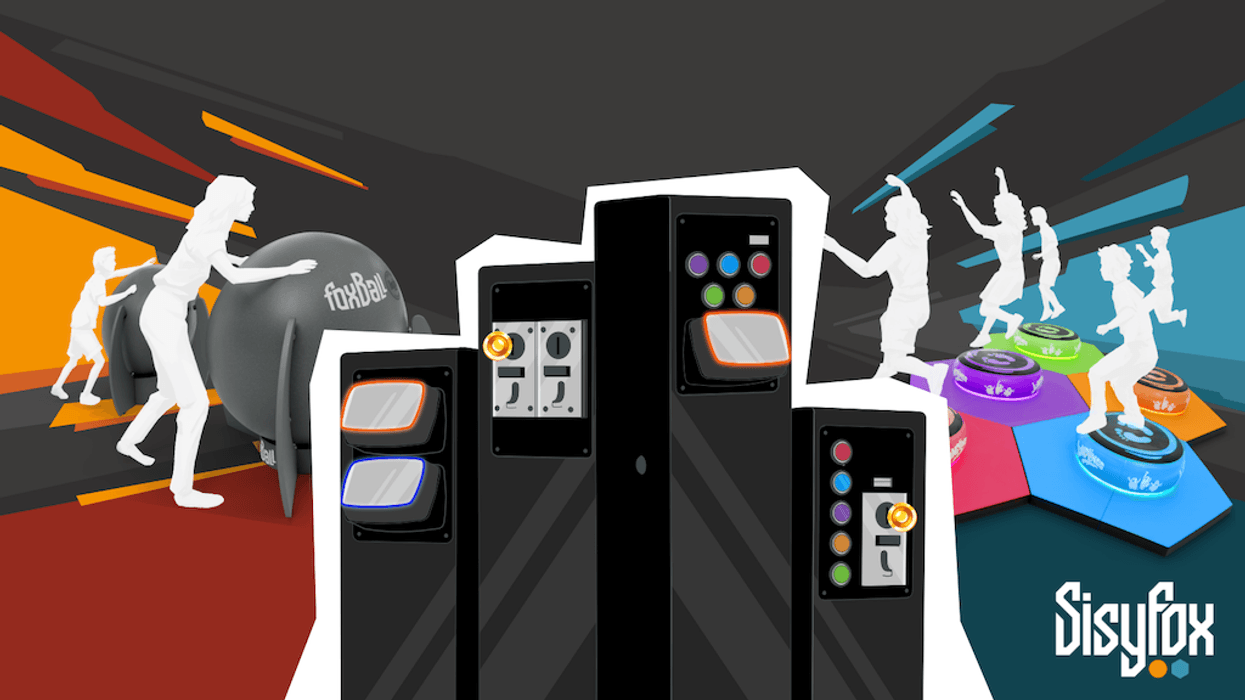 People playing SisyFox interactive games with colourful equipment and control panels.