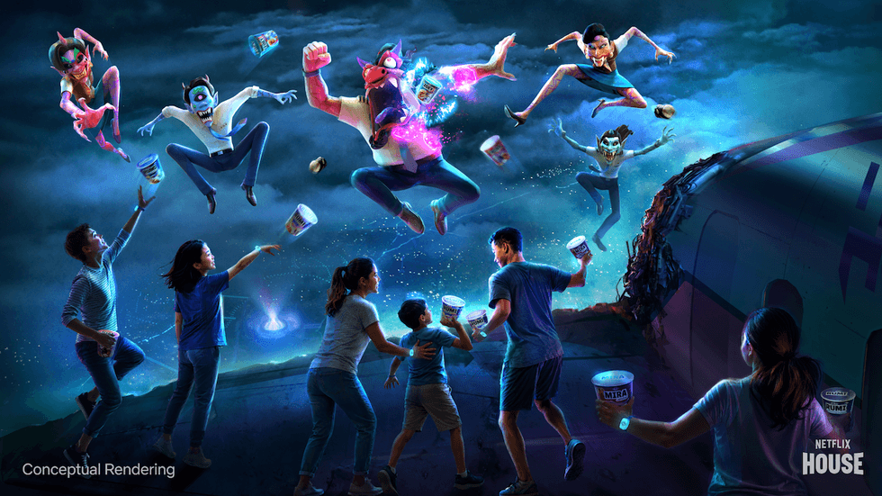 People reach for ice cream as fantastical creatures leap above a blue-lit landscape.