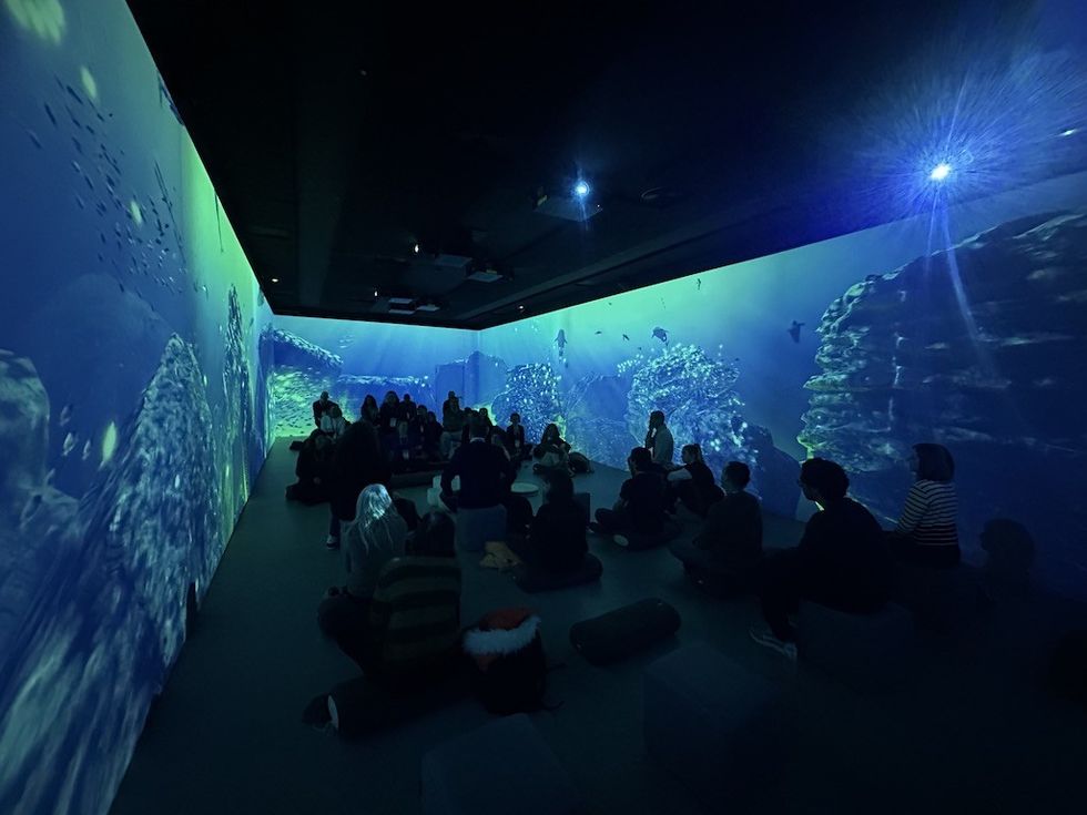 People sit in a room with immersive underwater projections on the walls.