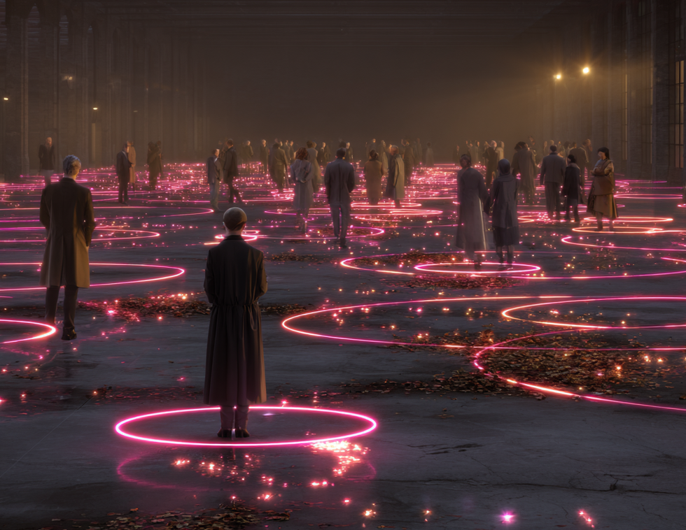 People standing in glowing pink circles on a dark urban street, creating a futuristic scene.