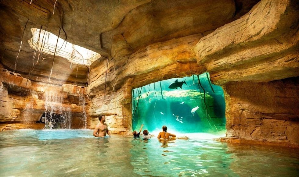 People swimming in a cave pool, viewing fish through a large underwater window at Aquaventure
