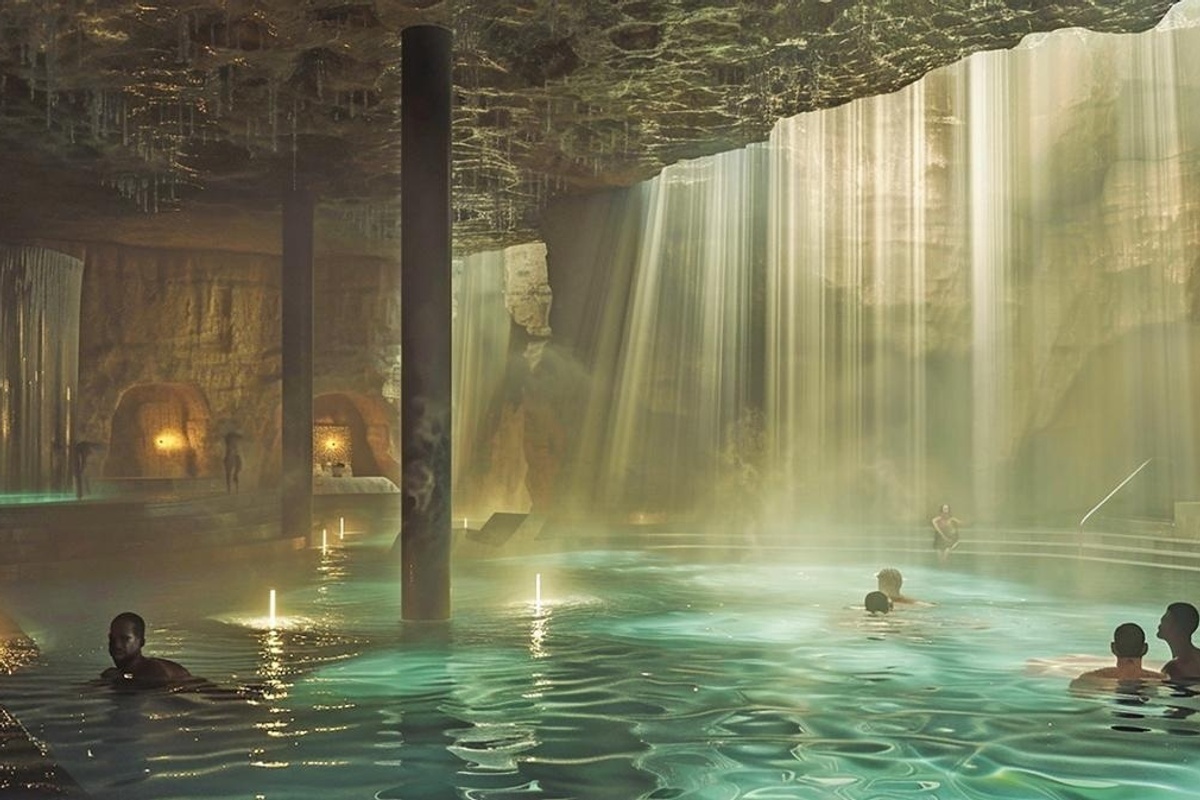 People swimming in a sunlit cave pool with waterfalls cascading from above.