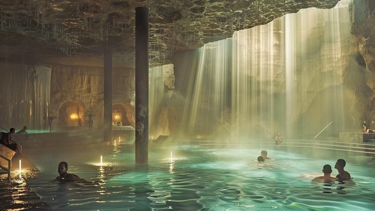 People swimming in a sunlit cave pool with waterfalls cascading from above.