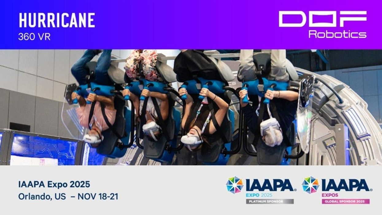 People upside down on a VR ride with details of IAAPA Expo 2025.