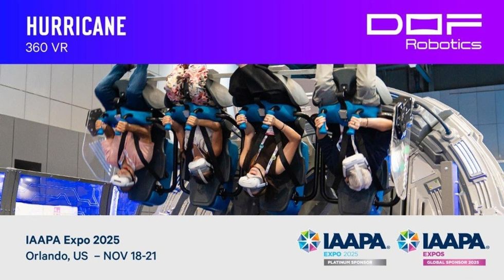 People upside down on a VR ride with details of IAAPA Expo 2025.