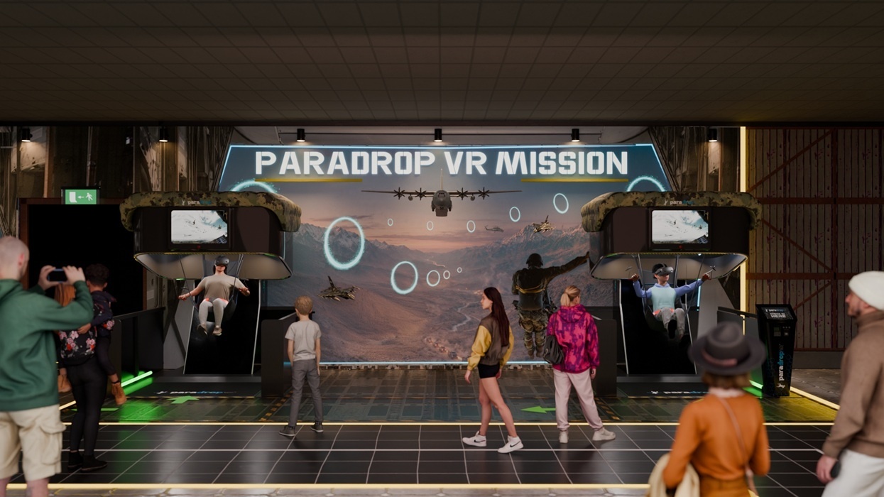 People view and try VR parachute simulation at "Paradrop VR Mission" exhibit.