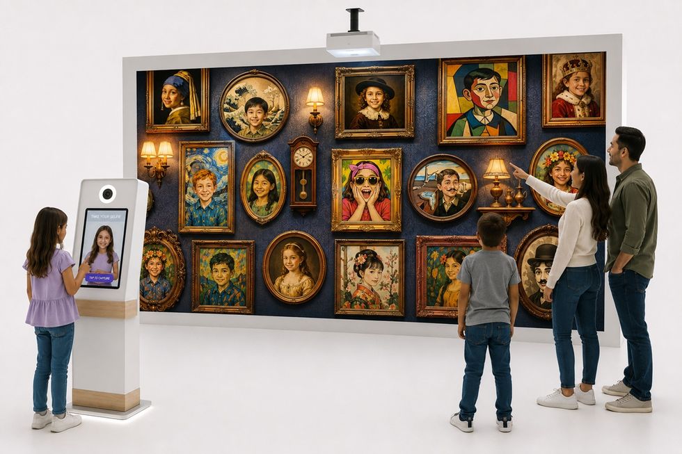 People viewing a Selfie Wall of digital portraits in a gallery, with a girl interacting with a photo booth.