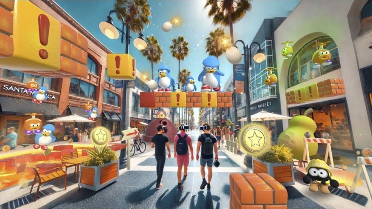 People walk on a street with virtual gaming elements and colorful characters.